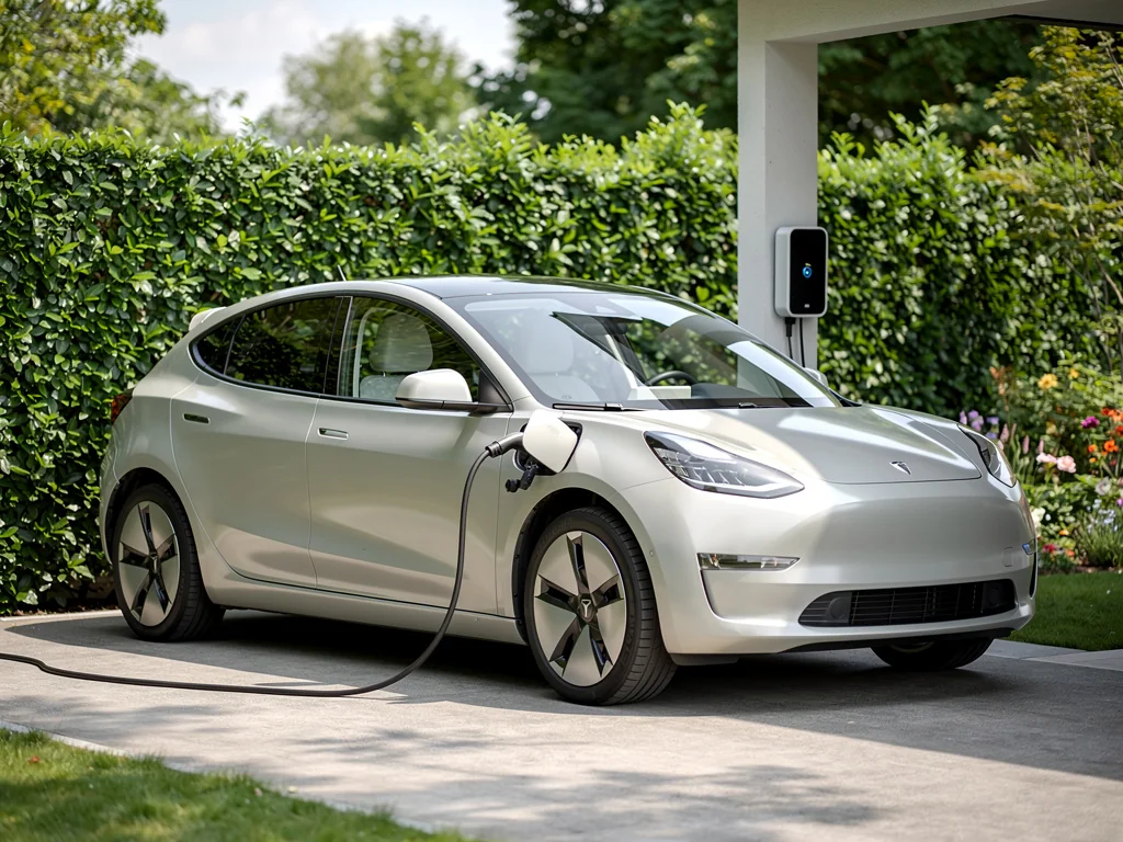 Citadine électrique en charge sur une borne extérieure de jardin