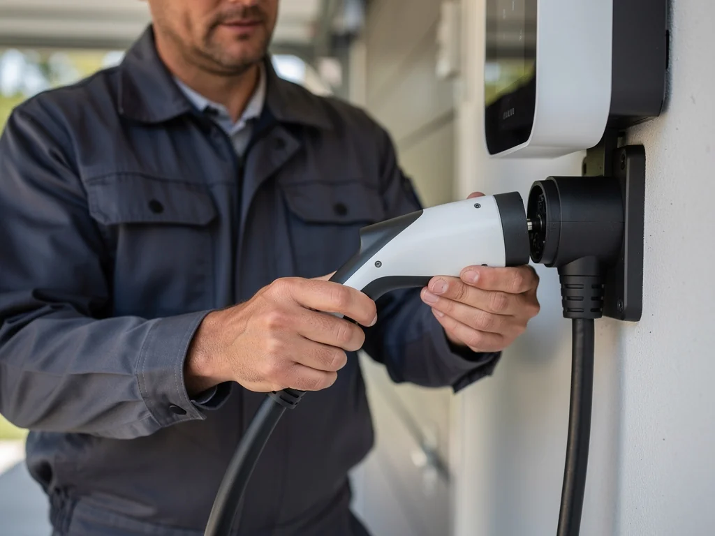 Électricien IRVE fixant le câble d'une borne de recharge murale