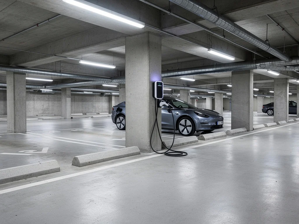 Point de recharge partagé dans le parking souterrain d'une copropriété